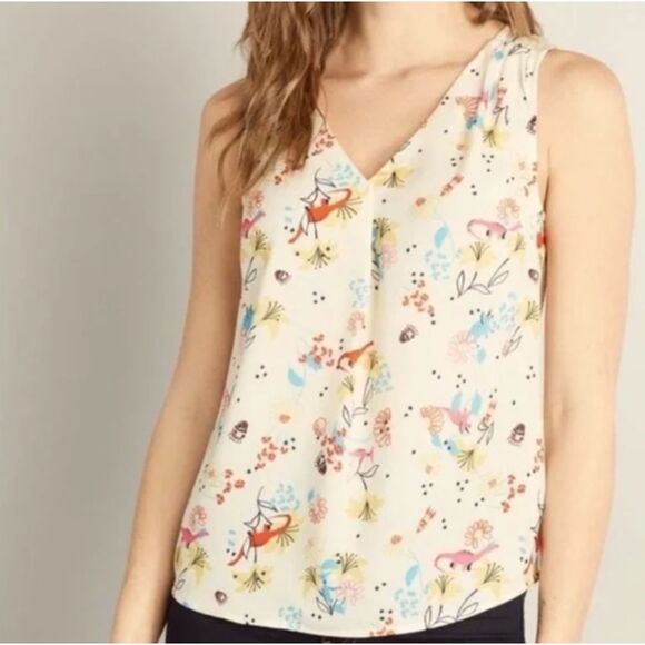 ~ ModCloth Sm Blouse Sleeveless Vneck Floral/Dinos/UFOs/Planets/Rockets Ltweight - Picture 1 of 14